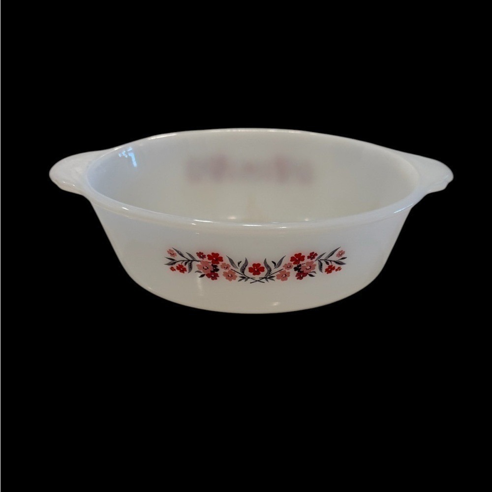 Fire King 467 White Milk Glass Baking Dish Primrose Pink Red Flowers